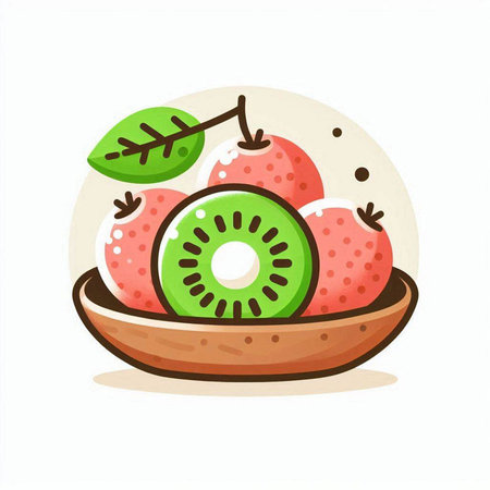 Kiwi fruit in a bowl isolated on white background. Vector illustration.のイラスト素材