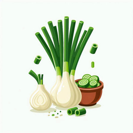 Illustration of fresh spring onions in a bowl. Vector illustration.のイラスト素材