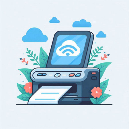Vector illustration of a printer with a cloud and flowers on a blue backgroundのイラスト素材