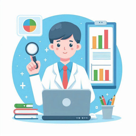 doctor with laptop and magnifying glass in the office. vector illustrationのイラスト素材