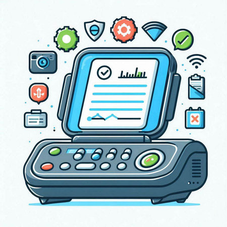 Illustration of POS terminal with document. Vector line art icon.のイラスト素材