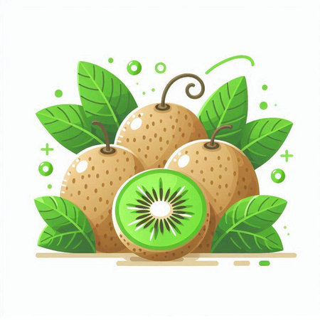 Kiwi fruit with green leaves on white background. Vector illustration.のイラスト素材