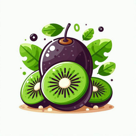 Vector illustration of kiwi fruit with green leaves isolated on white backgroundのイラスト素材