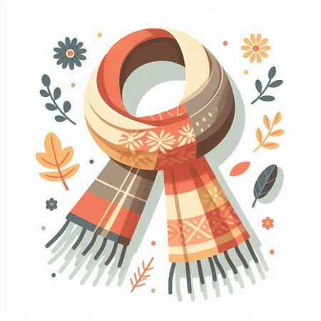 Hand drawn vector illustration of a scarf with autumn leaves and flowers.のイラスト素材
