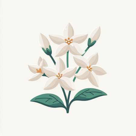 Vector illustration of a white jasmine flower with green leaves.のイラスト素材