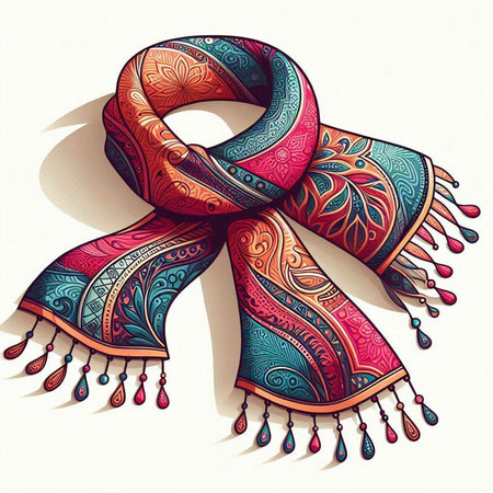 Illustration of a colorful scarf with ornaments on a white backgroundのイラスト素材