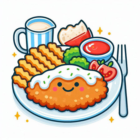 Illustration of fried fish with vegetables on plate. Vector illustration.のイラスト素材