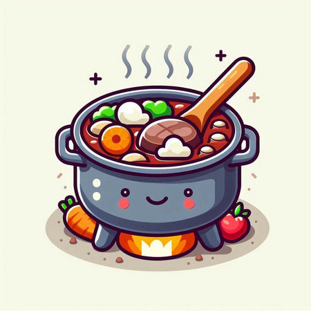 Cute cartoon cooking pot with soup. Vector illustration of vegetable soup.のイラスト素材