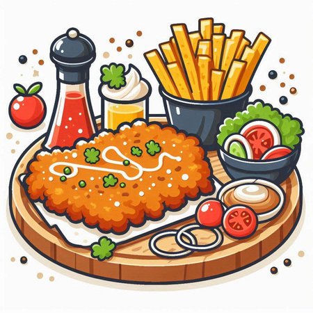 Fried chicken fillet with french fries and sauce. Vector illustrationのイラスト素材