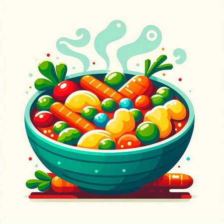 Vector illustration of a bowl of multicolored vegetable salad with carrot, lettuce, tomato, celery, onion, pepper and parsley.のイラスト素材