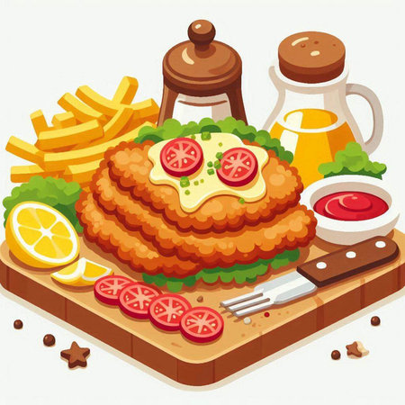 Illustration of a Fish Cake with French Fries and Ketchupのイラスト素材