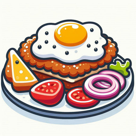 Fried egg with tomato and onion on plate. Vector illustration.のイラスト素材