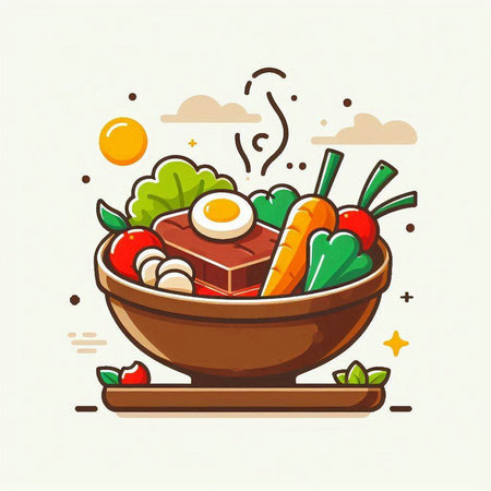 Bowl of vegetable soup with meat and egg. Vector illustration.のイラスト素材