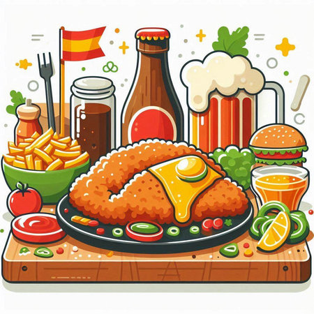 Illustration of Fast Food Restaurant Menu with Fried Chicken, French Fries and Beerのイラスト素材