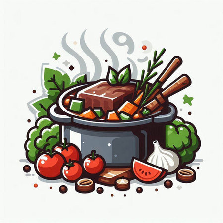 Vector illustration of a cooking pot with vegetables and meat on white background.のイラスト素材