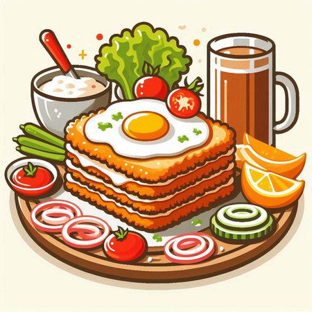 Illustration of a plate of lasagna with fried egg and tomatoのイラスト素材