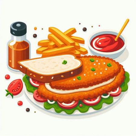 Illustration of hamburger with french fries and tomato sauce on plateのイラスト素材