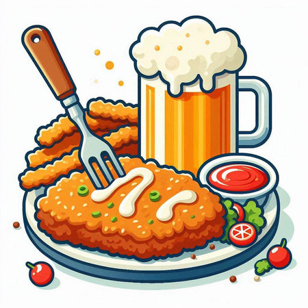 Illustration of a fried chicken nuggets with beer on a white backgroundのイラスト素材