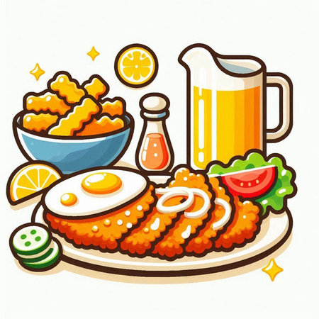 Illustration of fried fish with fried eggs, salad and lemon juiceのイラスト素材