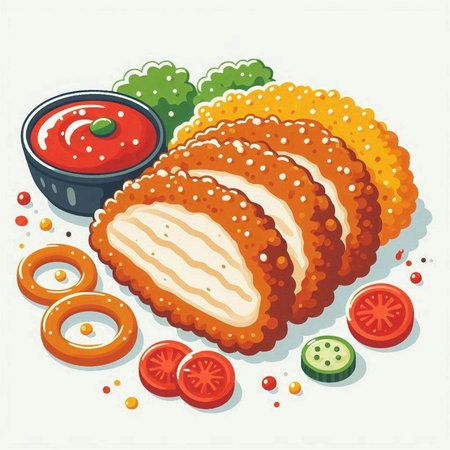 Illustration of fried chicken cutlets with tomato sauce and ketchupのイラスト素材