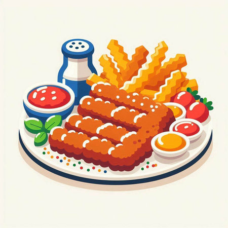 Illustration of chicken nuggets on a plate with vegetables and sauceのイラスト素材