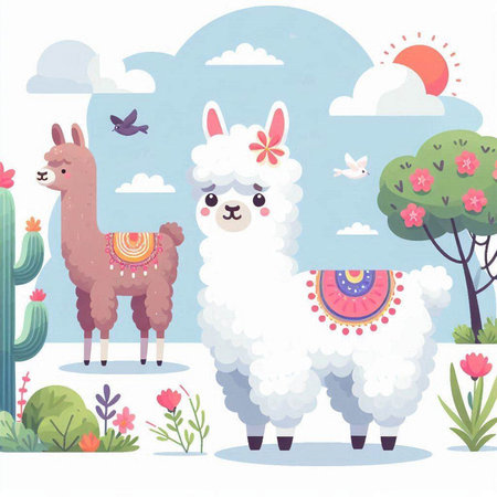 Llama and alpaca vector illustration. Cute cartoon alpaca animal with flowers, birds and clouds.のイラスト素材