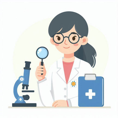 Illustration of a female scientist working with a magnifying glass.のイラスト素材