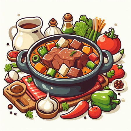 Illustration of beef stew with vegetables and spices in a pan.のイラスト素材