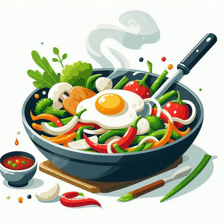 Fried egg with vegetables in a frying pan. Vector illustration.のイラスト素材