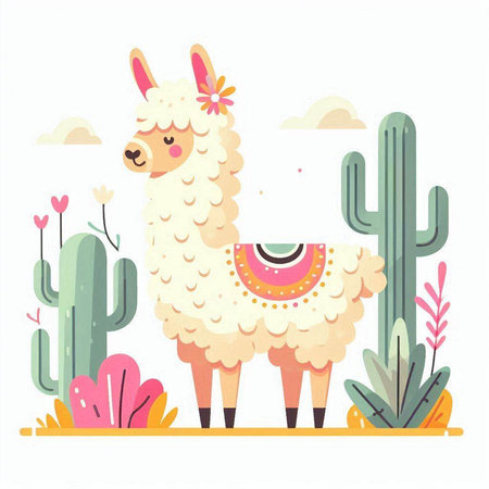 Cute llama and cacti in the desert. Vector illustrationのイラスト素材