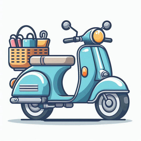 Vintage scooter with a basket of food. Vector illustration.のイラスト素材