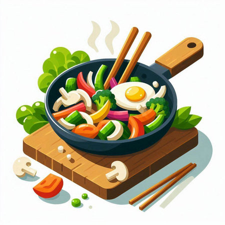 Frying pan with fried egg, vegetables and greens. Vector illustration.のイラスト素材