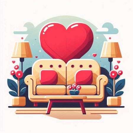 Valentine's day greeting card with sofa and heart. Vector illustrationのイラスト素材