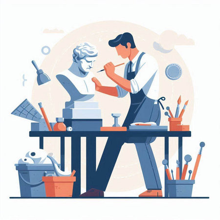 Craftsman with tools at work. Vector illustration in flat styleのイラスト素材