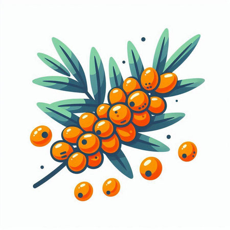 Branch of sea buckthorn with berries and leaves. Vector illustration.のイラスト素材