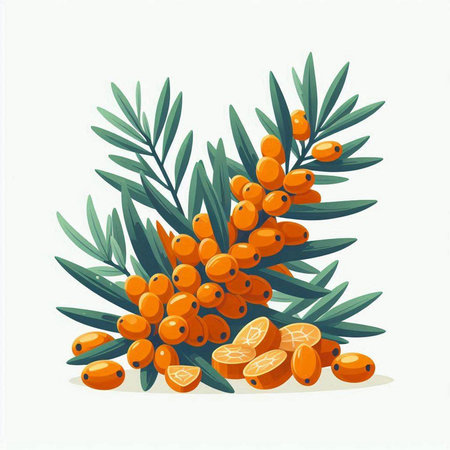 Sea buckthorn berries with leaves on white background. Vector illustration.のイラスト素材