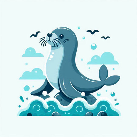 Cute seal in the sea. Vector illustration in cartoon style.のイラスト素材