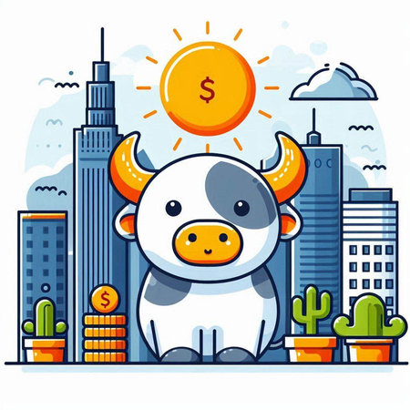 Vector illustration of a cow on the background of skyscrapers.のイラスト素材