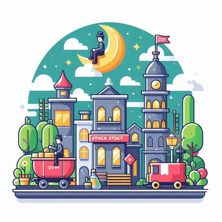 Cute cartoon town landscape. Vector illustration in flat design style.のイラスト素材