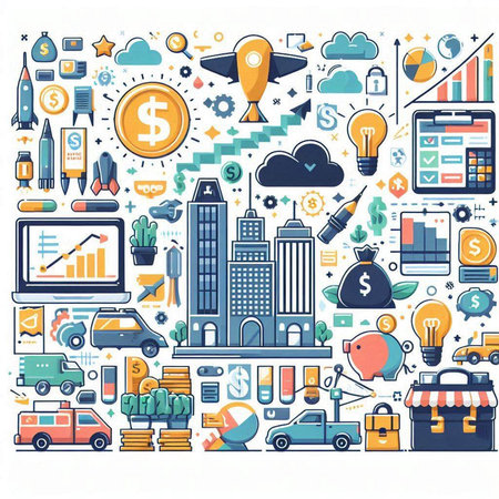 Business and finance background with icons. Vector illustration in line style.のイラスト素材