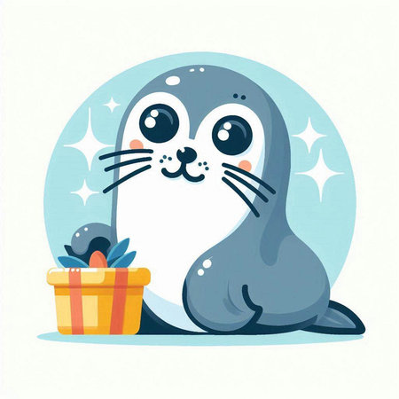 Cute seal with a gift. Vector illustration in cartoon style.のイラスト素材