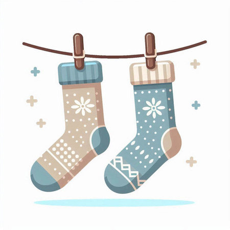 Christmas socks hanging on clothesline. Vector illustration in cartoon style.のイラスト素材