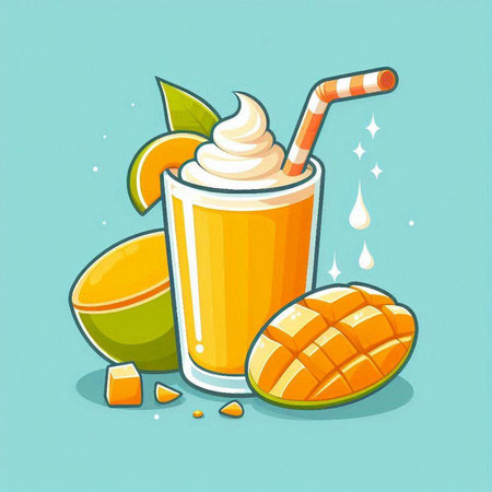 Mango smoothie with whipped cream and fruit slices. Vector illustration.のイラスト素材