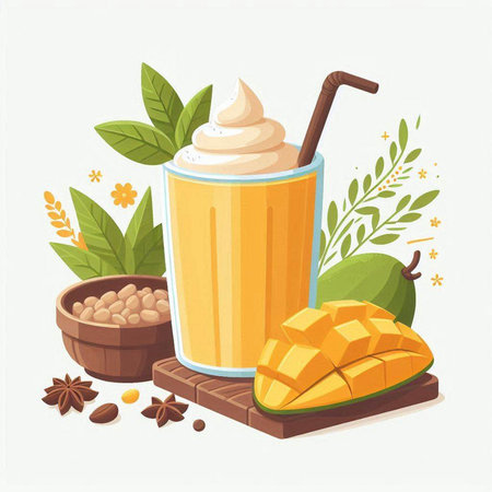 Mango smoothie with whipped cream in a glass. Vector illustration.のイラスト素材