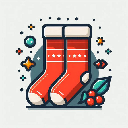 Christmas sock with berries and stars. Vector illustration in flat linear style.のイラスト素材