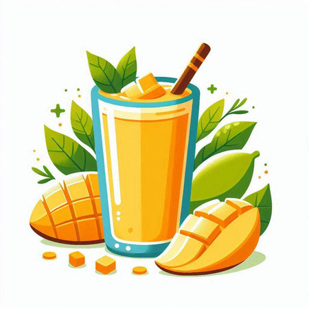 Mango juice in a glass on a white background. Vector illustration.のイラスト素材