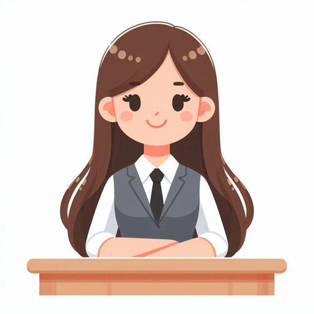 Illustration of a schoolgirl sitting at the desk and smiling.のイラスト素材