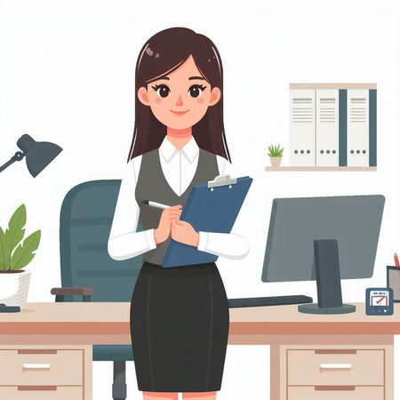 Businesswoman writing on clipboard in office. Vector illustration in cartoon styleのイラスト素材