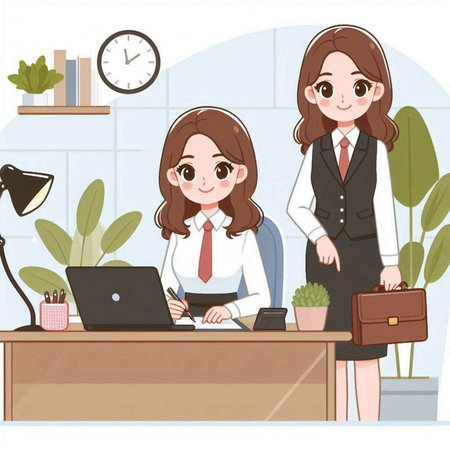 Two business women working at the office. Vector illustration in cartoon style.のイラスト素材