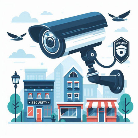 Security camera on city background. Vector illustration in flat cartoon style.のイラスト素材